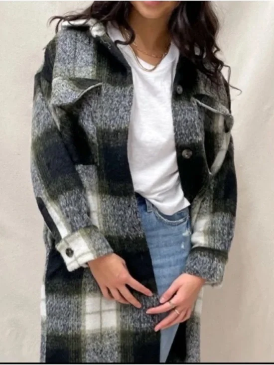 Steve Madden Olive Green Black White Plaid Longline Shacket - Picture 1 of 6